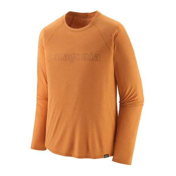 PATAGONIA Men's Long-Sleeved Capilene® Cool Trail Graphic Shirt Outline Text Logo: Golden Caramel